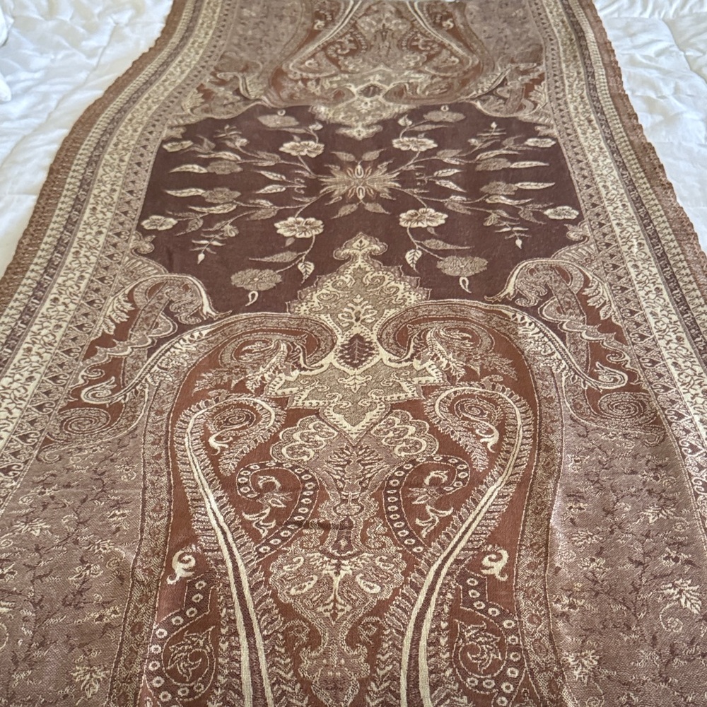 Beautiful long wool wrap, reversible brown and cream, 27”x78”